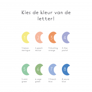 Poster alfabet letter alle kleuren op een rijtje; lemon merengue, peach nectar, blushing orange, lilac pastel, mint green, sage green, French blue en azure blue
