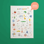 Poster met verschillende illustraties om het Duitse alfabet te ontdekken.