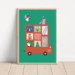 dubbeldekker met kerst figuren op een groene achtergrond