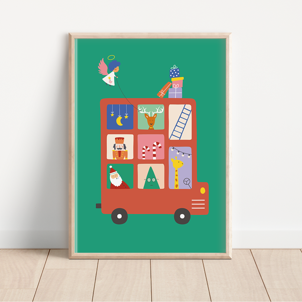 dubbeldekker met kerst figuren op een groene achtergrond