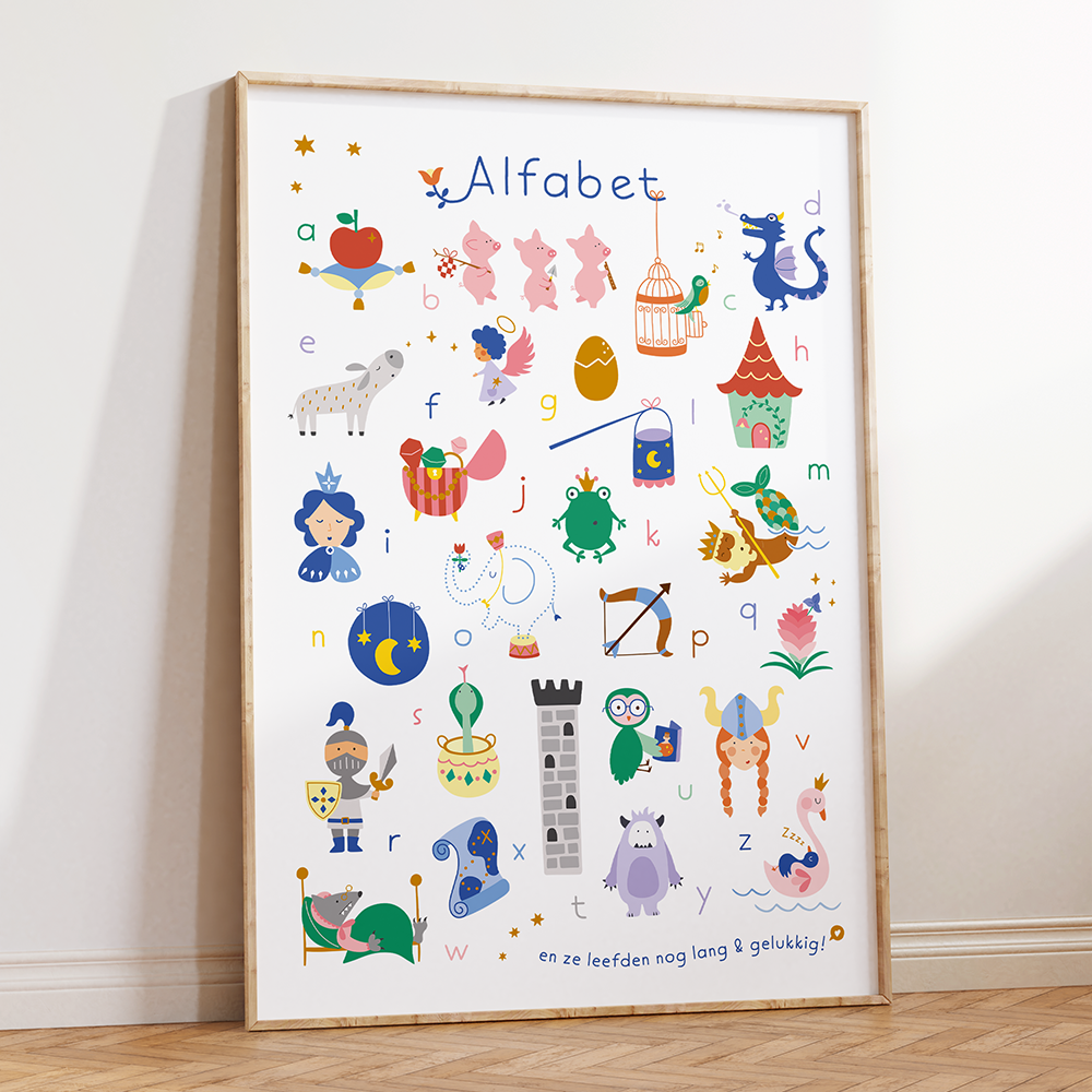 Nederlands sprookjes alfabet poster voor de kinderkamer of speelkamer. Het is een leerzame print en een leuke manier om de letters te leren
